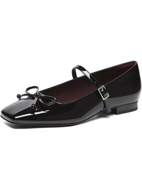 Women's Mary Jane Flats Square Black Toe Ballet Flats Shoes with Buckle Strap